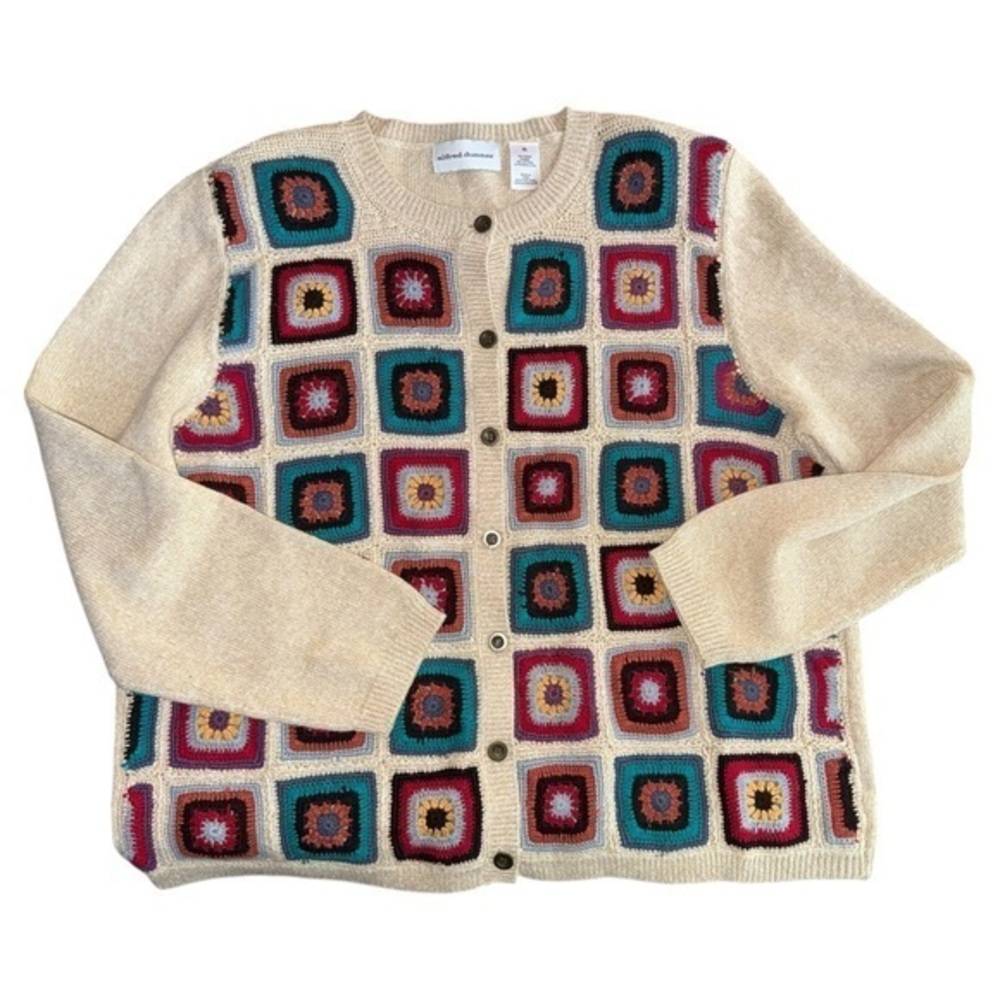 Alfred Dunner Women’s Coastal Grandma Crochet Square Multicolored Button Front C
